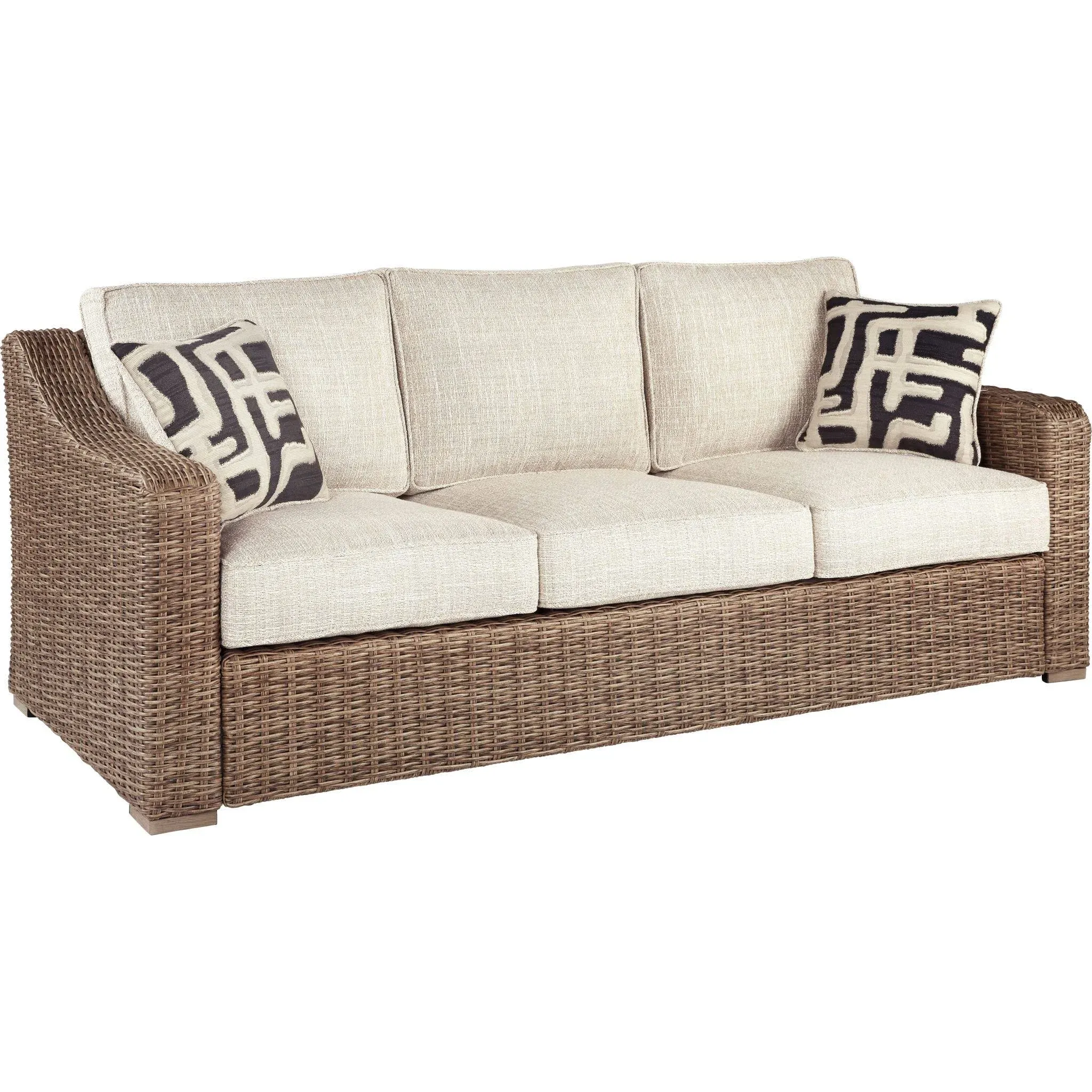 Signature Design by Ashley Beachcroft Outdoor Wicker Patio Sofa with Cushion and 2 Pillows, Beige