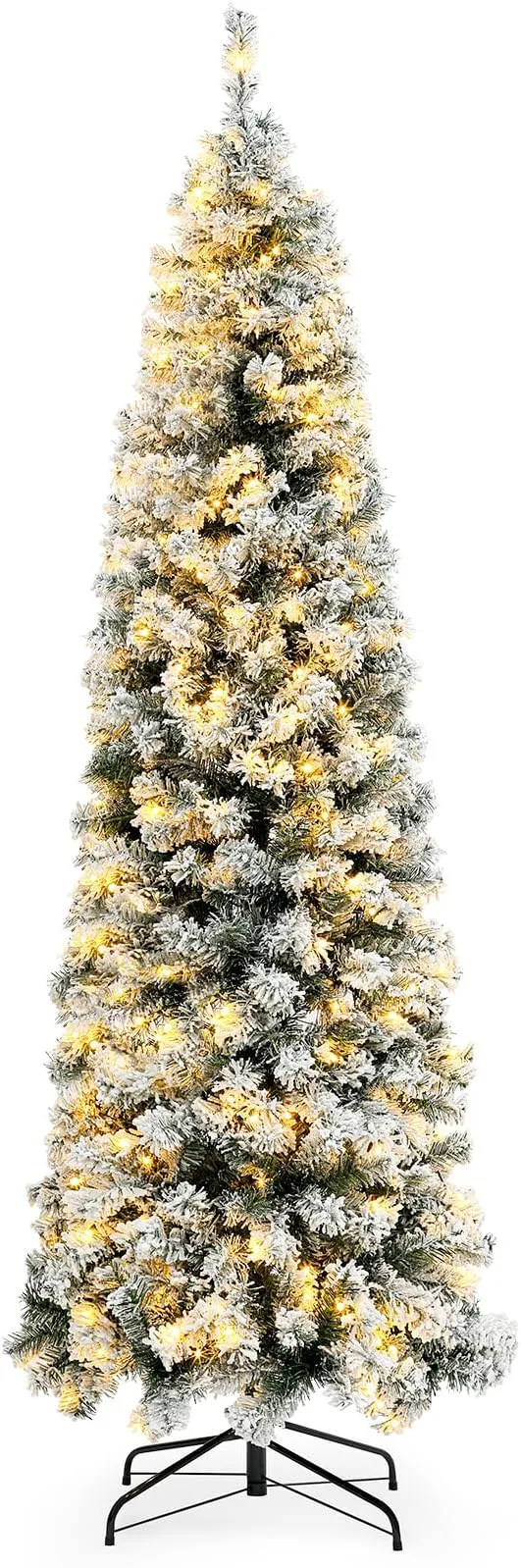 6.5ft Pre-Lit Snow Flocked Artificial Holiday Pencil Slim Christmas Tree with Warm Lights and Metal Base Stand for Home, Office, Party Decoration,White