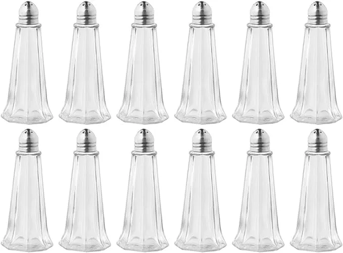 (Set of 12) 1 oz. Tower Salt and Pepper Shakers, Tall Glass Body Mini Salt and Pepper Shakers for Restaurant by Tezzorio