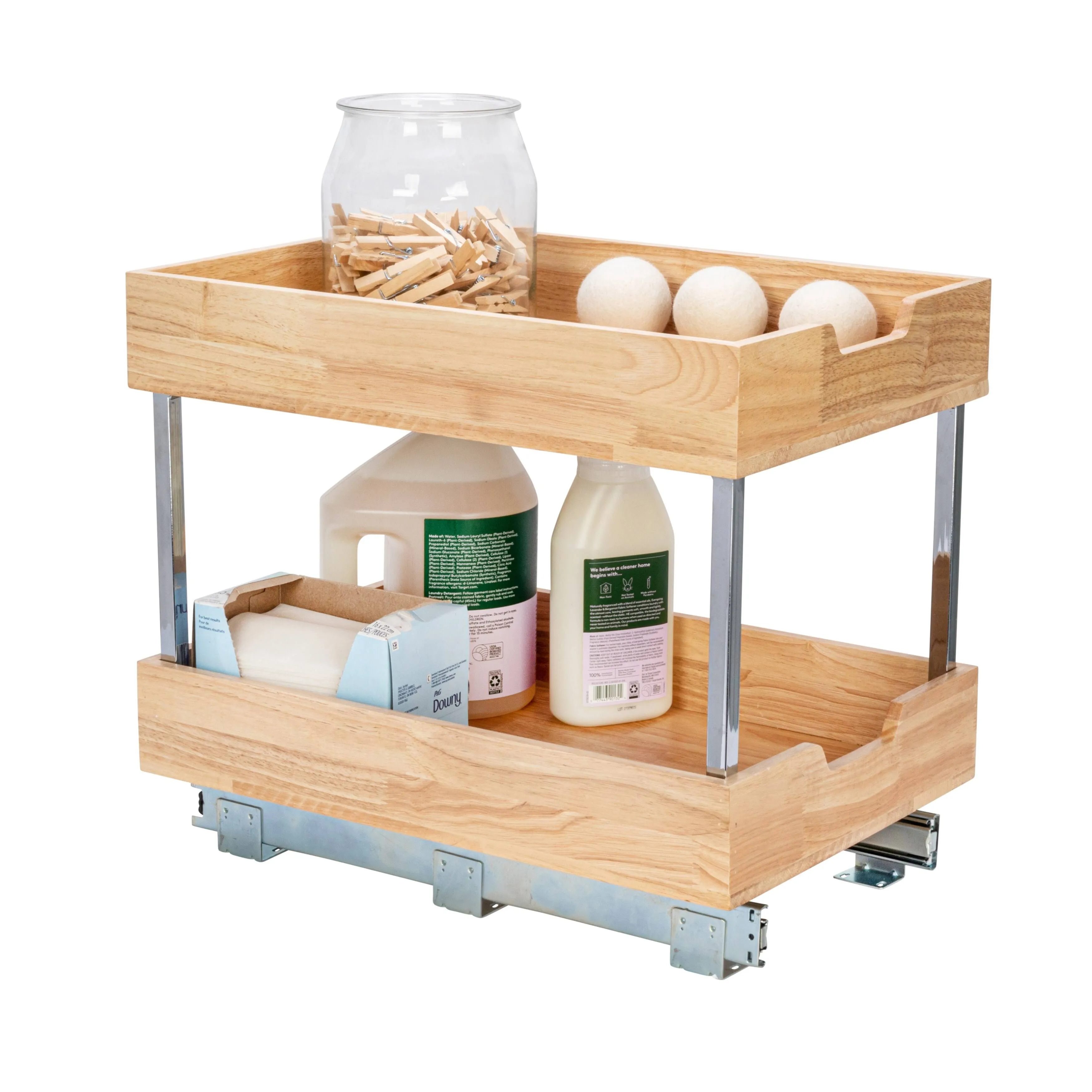 Household Essentials 2 Tier Pull Out Cabinet Organizer Solid Wood Basket Full...