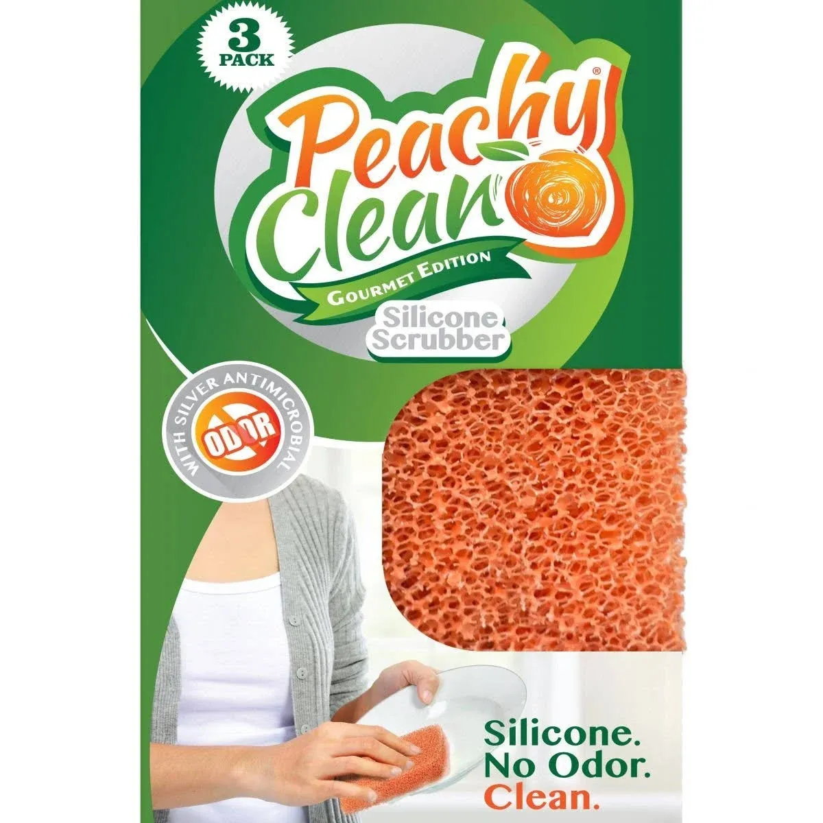 Peachy Clean Silicone Kitchen Dish Scrubber - Peach Scented Scrubbing Sponge (3 Pack)