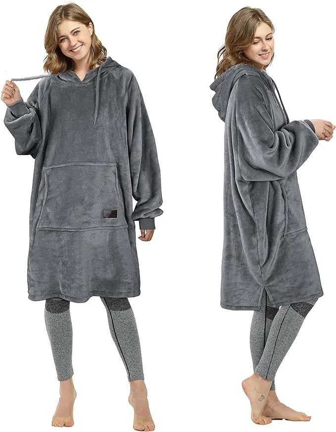 Catalonia Womens Plush Hoodie Sweatshirt Dress, Casual Pullover Sweater with Kangaroo Pocket, One size, Women's, Gray