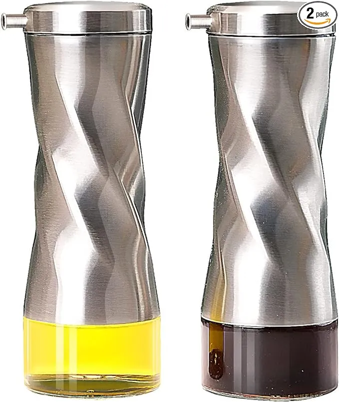 Aelga Olive Oil And Vinegar Dispenser Bottle Set 2 Pack Elegant Stainless Steel Oil Dispenser Set- Oil Dispenser Bottle for Kitchen with Drip Free