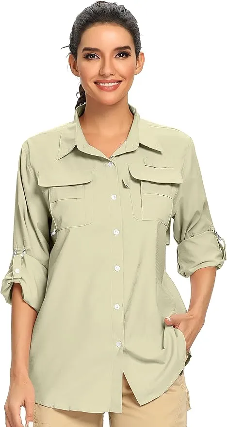 Women's UPF 50+ UV Sun Protection Safari Shirt, Long Sleeve Outdoor Cool Quick Dry Fishing Hiking Gardening Shirts