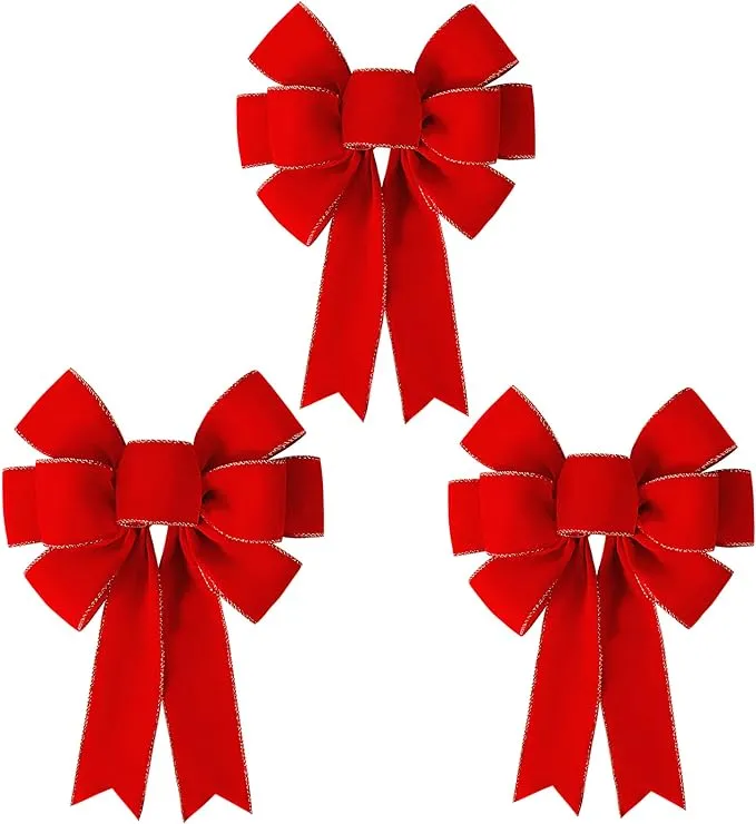 2 Packs Red Bows Christmas Decorations Giant Wired Velvet Bow With Gold Border F