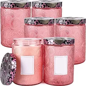 17.3 oz Embossed Glass Candle Container with Tin Lids and Labels, Candle Jars for Making Candles, Pack of 6 (Clear)