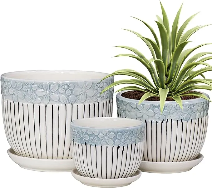 Ton Sin Grey Flower Pots,Texture Planter for Indoor Plants Set of 3 Ceramic Flower Pots with Saucer,Cute Garden Pots Succulent Pots（3 Pack,Grey