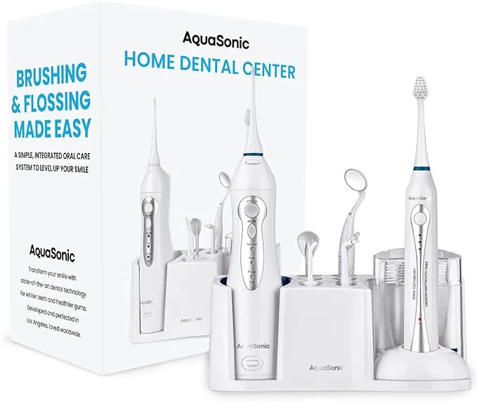 AquaSonic Home Dental Center Rechargeable Power Toothbrush & Smart Water Flosser - Complete Family Oral Care System - 10 Attachments and Tips Included - Various Modes & Timers (Black)