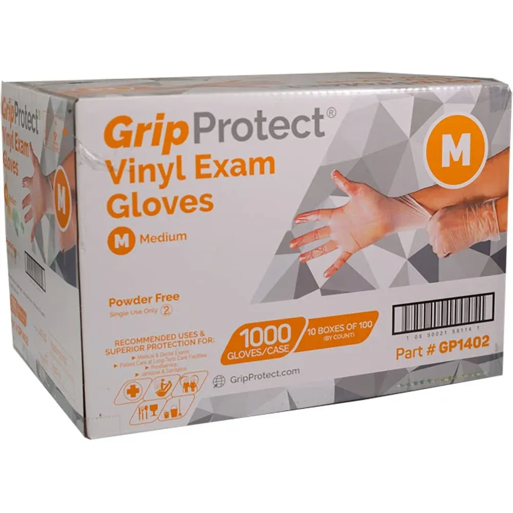 GripProtect Vinyl Exam Gloves, Powder-Free, Medium 