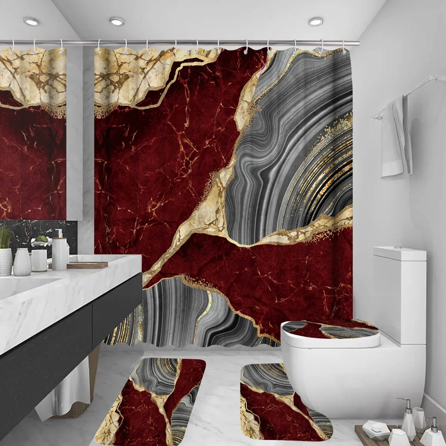 beifivcl 4pcs Marble Shower Curtain Sets, Bathroom Decor Sets, Luxury Shower Curtain with 12 Hooks, Bath Mat,Toilet Lid Rug A