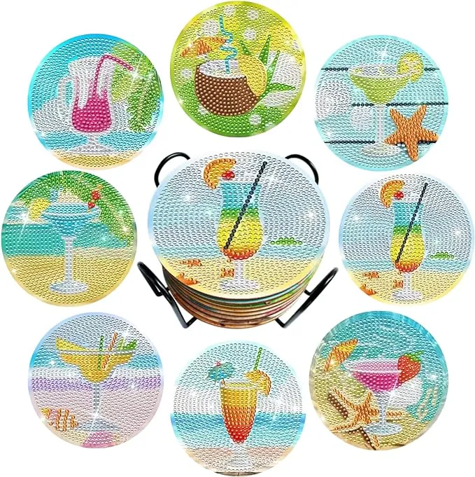 8 pcs Cocktail Diamond Art Painting Coasters Kit with Holder for Adults, DIY 