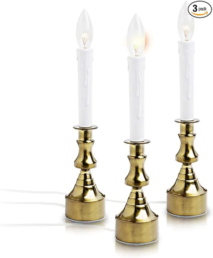 Dimmable Window Candle Electric with Multi Timer IR Controller, Metal Base Christmas Window Candles UL Listed 3 Pack with 2 Extra Replacement Bulb (Brass)