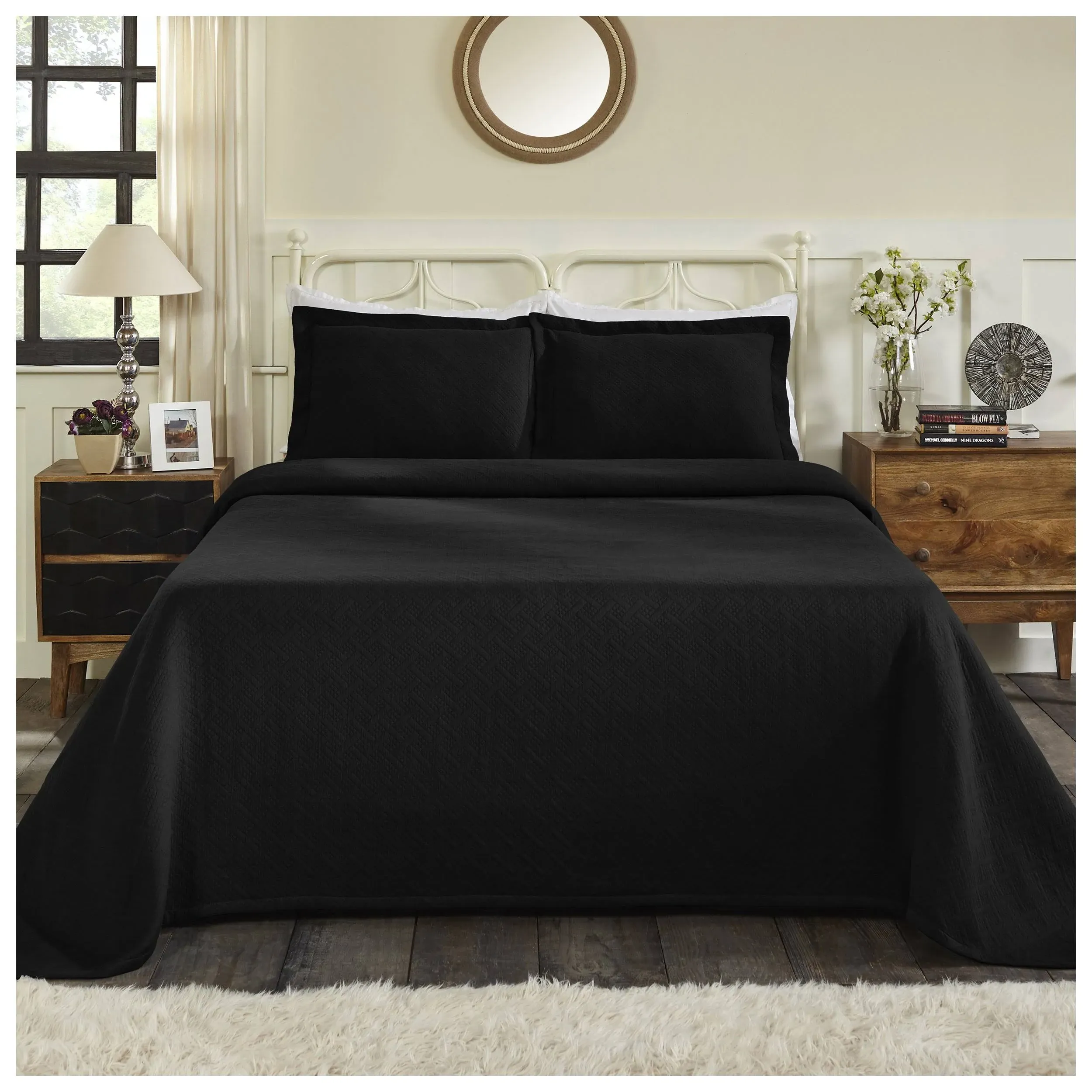 Superior 100% Cotton Basket Weave Bedspread with Shams, All-Season Premium Cotton Matelasse Jacquard Bedding, Quilted-Look Geometric Basket, Full, Black