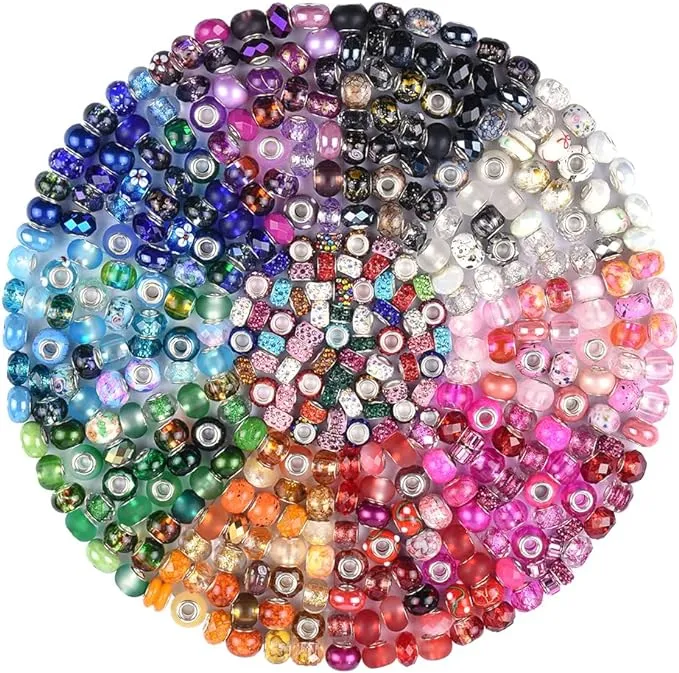 124 PCS Assorted European Craft Beads Big Hole Crystal Lampwork Spacer Beads ...