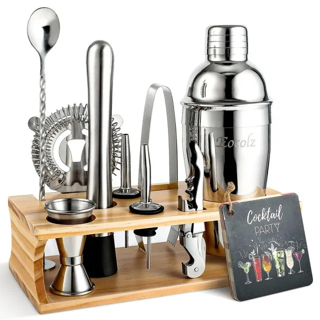 Eocolz Cocktail Making Set, Cocktail Shaker Set 750ml Stainless Steel Bar Tool Set Bartender Kit with Bamboo Display Stand for Home & Bar