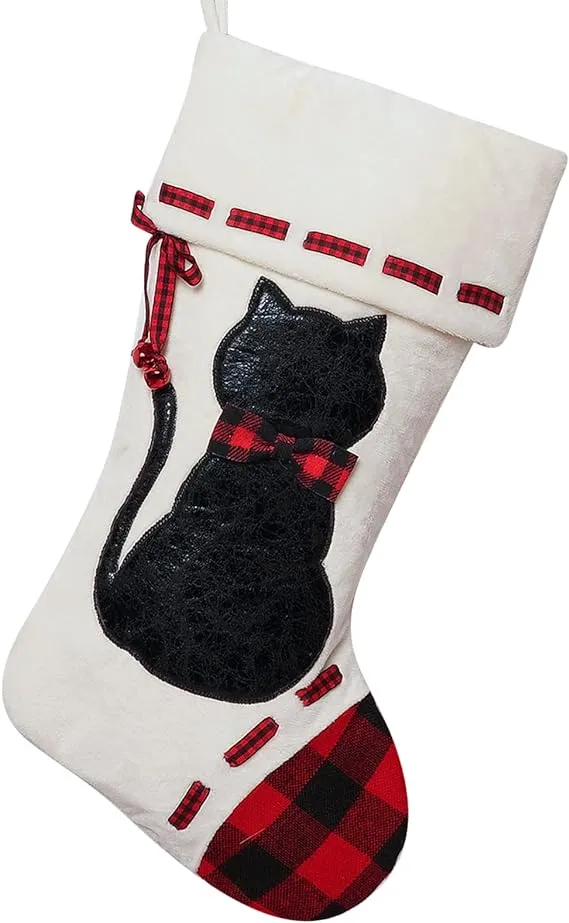 ALLYORS Dog Cat Christmas Stocking, 19’’Xmas Pet Hanging Stockings with Fuzzy Santa Hat and Plush Doggie Kitty Embroidered for Pets Gifts Bag Personalized