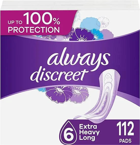 Always Discreet Adult Incontinence Pads for Women, Extra Heavy Absorbency, Long Length, Postpartum Pads, 112 ct