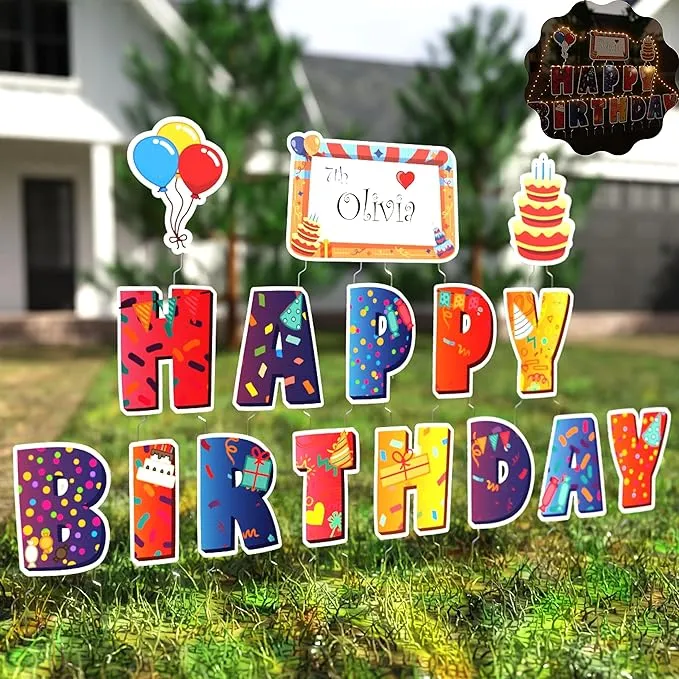 Happy Birthday Yard Sign with Stakes | 17 Pieces: 13 Big Letters 2 Decorations and 2 Personalized Custom Boards | Premium Quality Waterproof Material for Outdoor