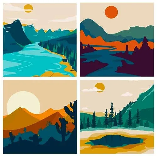 FQOVKYN 4 Pack Sunset Paint by Number for Adults Beginners, DIY Landscapes Paint by Numbers on Canvas, Acrylic Easy Painting by Numbers Oil Painting Kits for Home Wall Decor (8x8in)