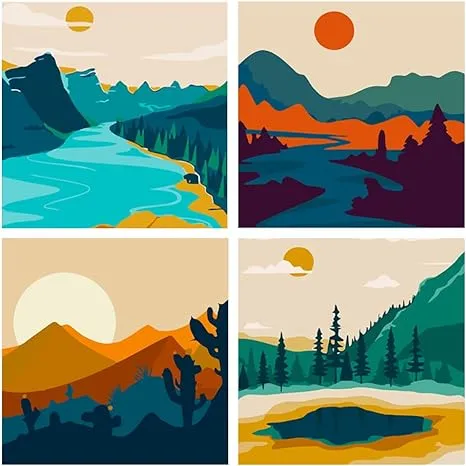 FQOVKYN 4 Pack Sunset Paint by Number for Adults Beginners, DIY Landscapes Paint by Numbers on Canvas, Acrylic Easy Painting by Numbers Oil Painting Kits for Home Wall Decor (8x8in)