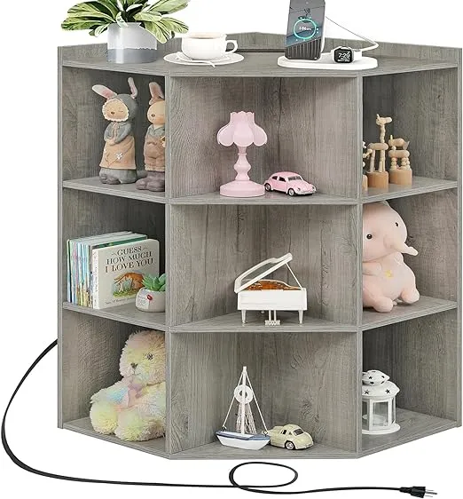 Corner Cabinet Corner Bookcase with USB Ports and Outlets for Playroom Bedroom