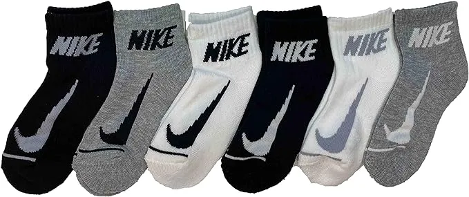 Nike Boy`s Cushioned Quarter Socks 6 Pack (Black(BN0508-042)/White/Grey, 5-7(Kids 10C-3Y))