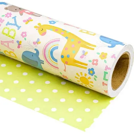 WRAPAHOLIC Reversible Baby Shower Wrapping Paper - Mini Roll - 17 inch x 33 Feet ...