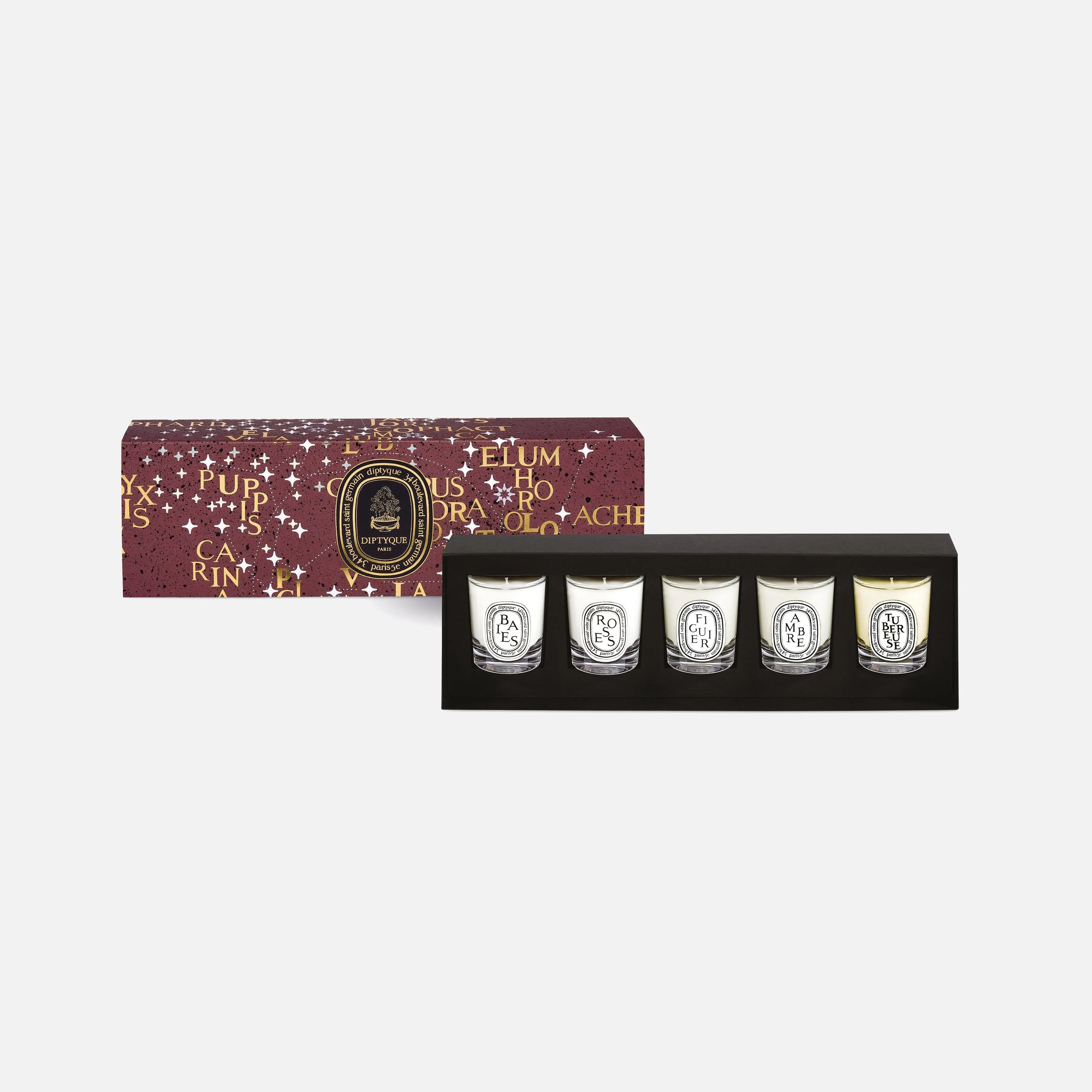 Diptyque Set of 5 35g Small Scented Candles Limited Edition Holiday Gift Set:: Baies / Berries, Roses, Figuier / Fig Tree, Ambre / Amber and Tubéreuse / Tuberose 