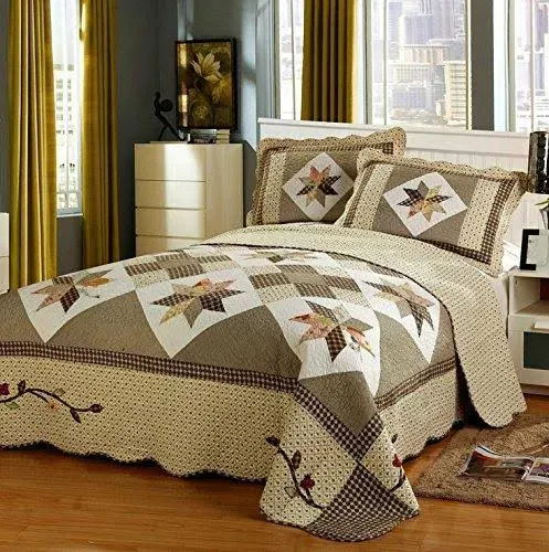 HNNSI Cotton Luxury Patchwork Design Quilt Bedspread Sets Queen Size