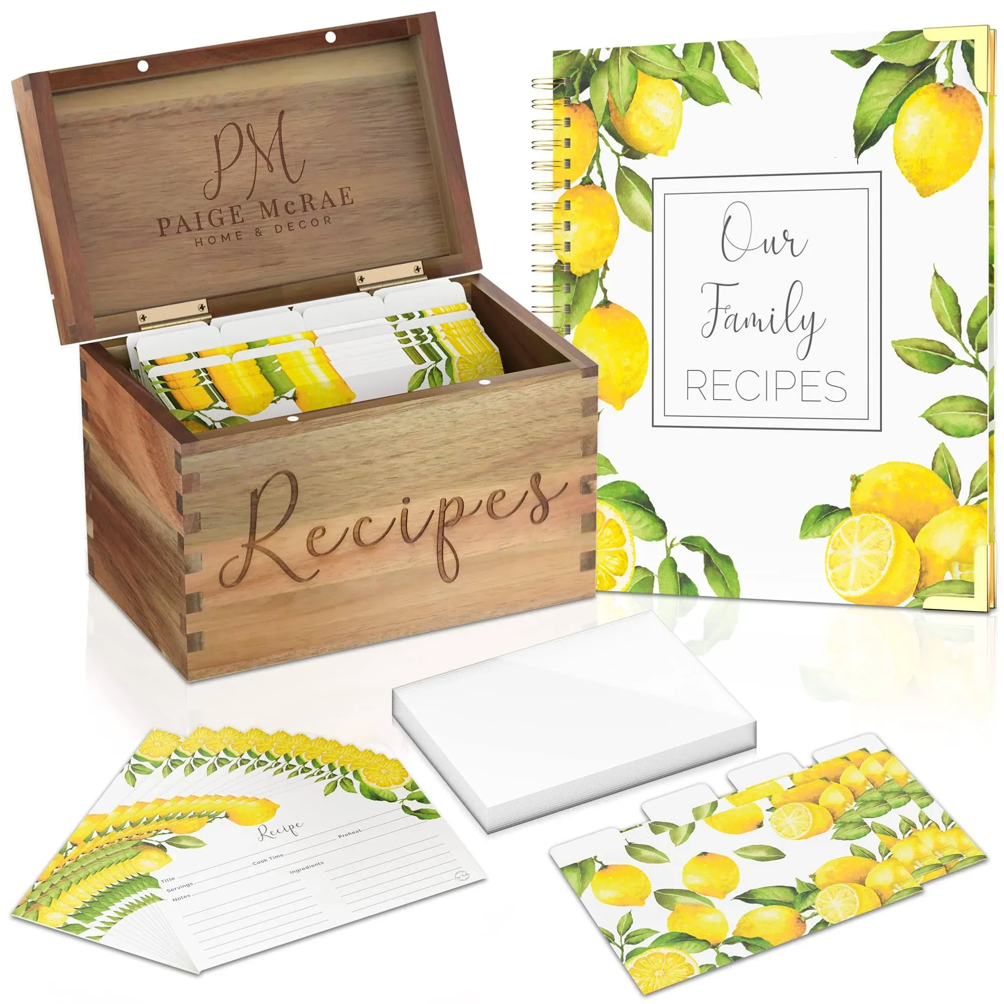 Wooden Recipe Box with Cards and Dividers