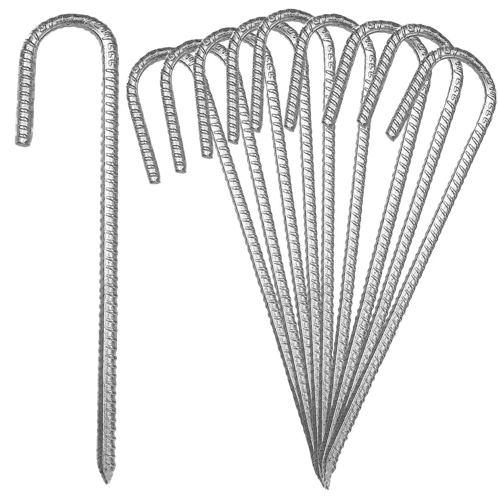 10pack 12\x9d Heavy Duty J Hook Ground Stakes Galvanized Rebar Tent Stakes Curved S