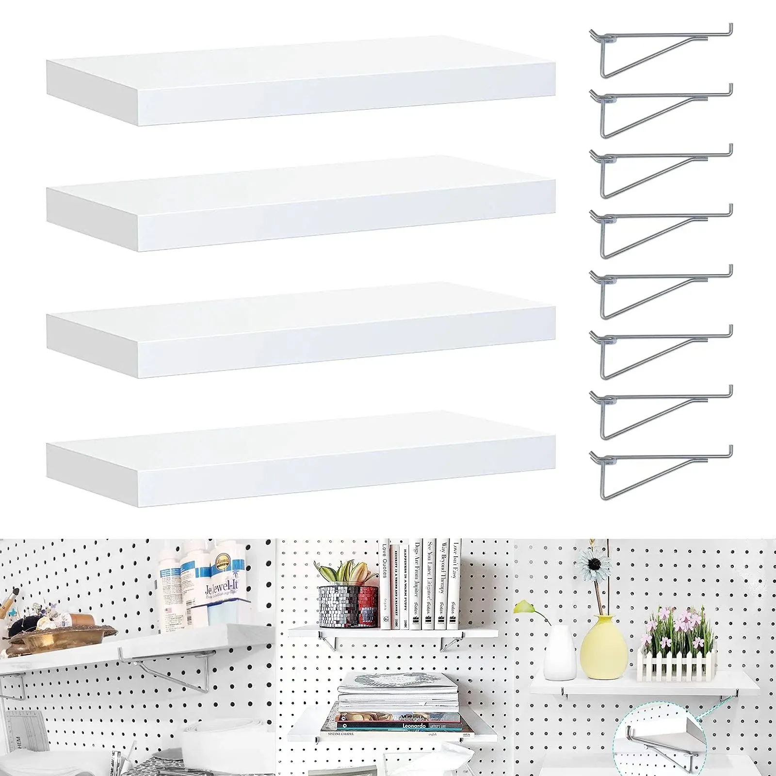 Pegboard Shelves, 4 Pack Pegboard Shelf Brackets with Metal Pegboard Hooks, Heavy Duty Peg Board Shelf Pegboard Book Shelf, Pegboard Accessories for Craft Room, Office, Garage