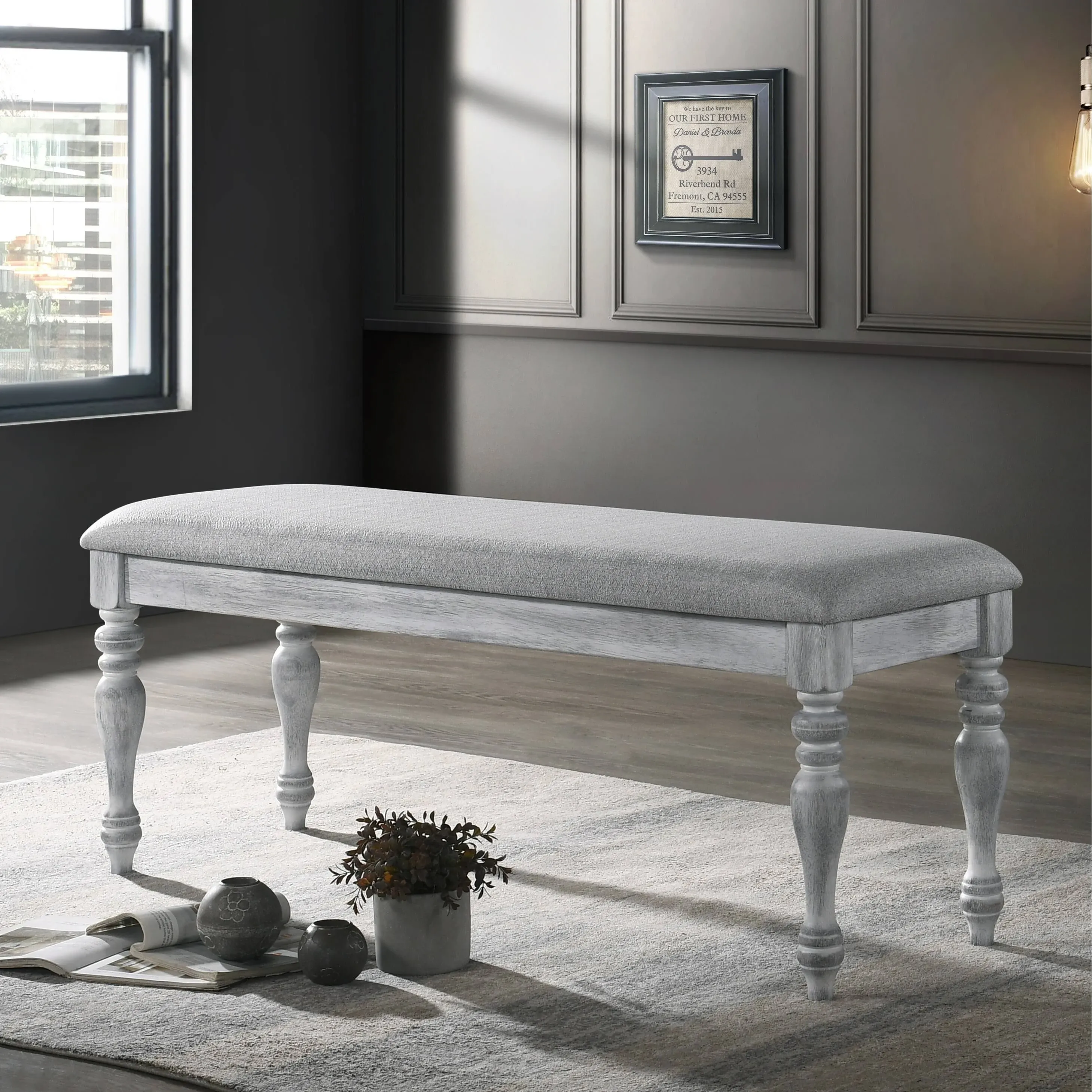 Salines Upholstered Turned Leg Dining Bench, Rustic -