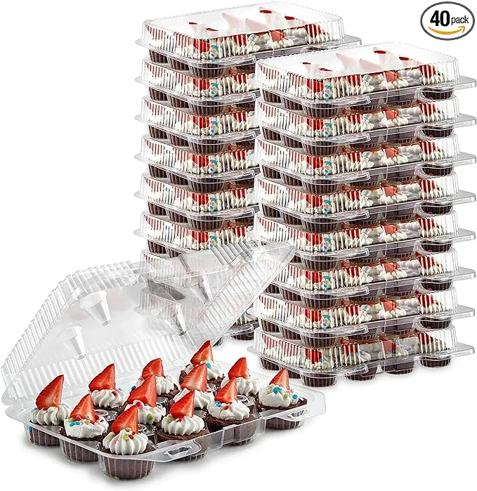 Stock Your Home Mini Disposable Plastic Cupcake Containers (40 Pack) 12 - Count Tray Compartment, Small or Mini Cupcakes Box/Holder/Carrier with Clear Connected Dome Lid, BPA Free