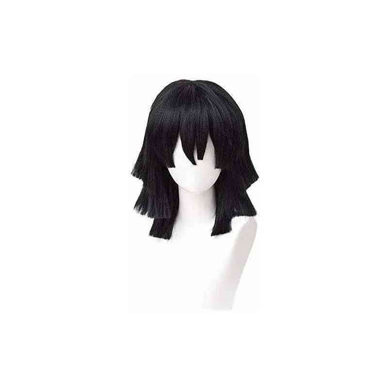 Black Cosplay Wigs with Bangs Anime Wigs for Obanai Cosplay with Cap