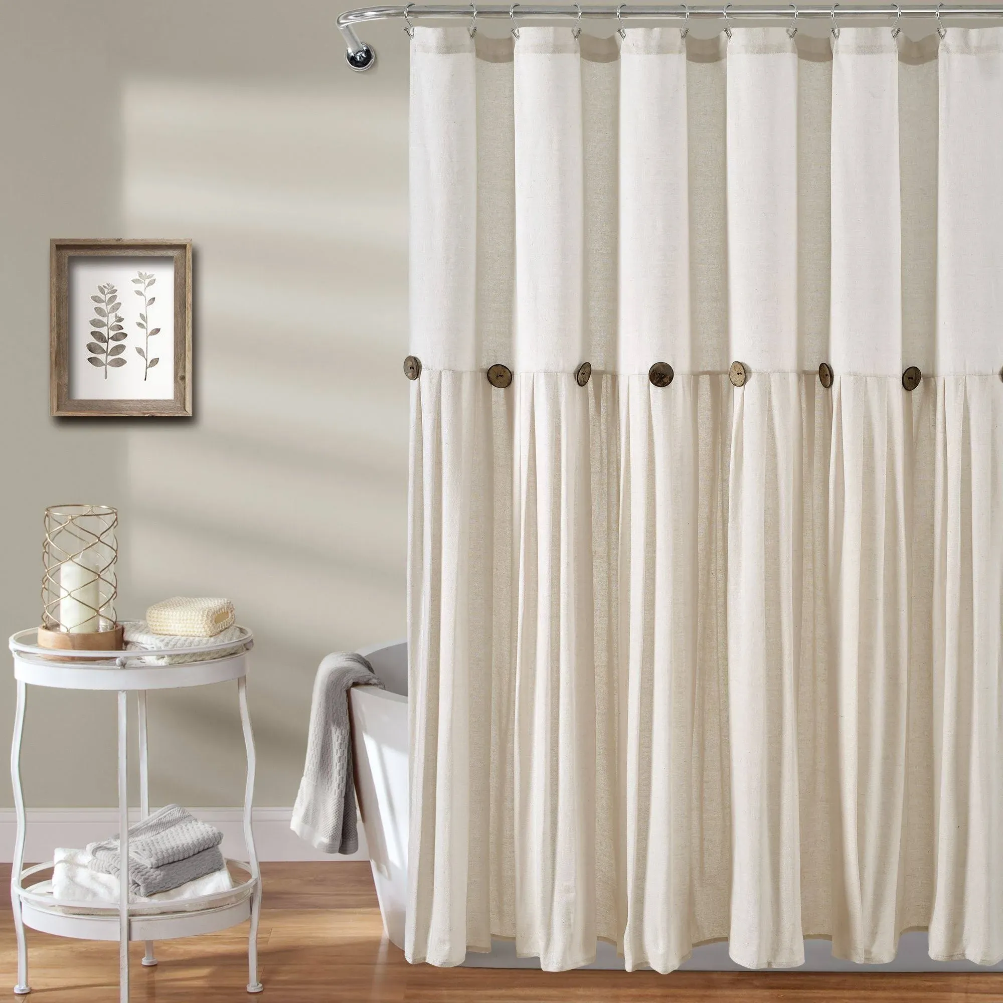 Lush Decor Linen Button Farmhouse Shower Curtain Pleated Two Tone Design for Bathroom, 72" x 72", Gray