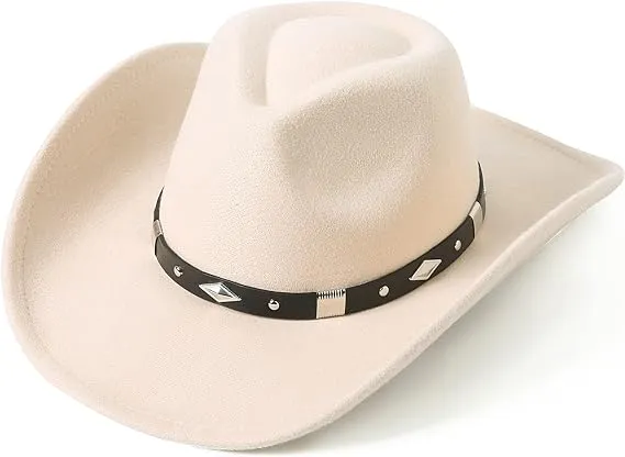 Lanzom Women Men Classic Felt Wide Brim Western Cowboy Cowgirl Hat with Belt Buckle