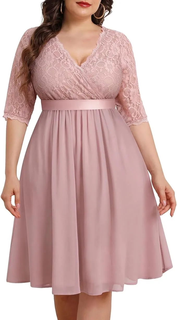 Pinup Fashion Plus Size Lace Chiffon Wrap V Neck Dresses Women Cocktail Wedding Guest Midi Dress