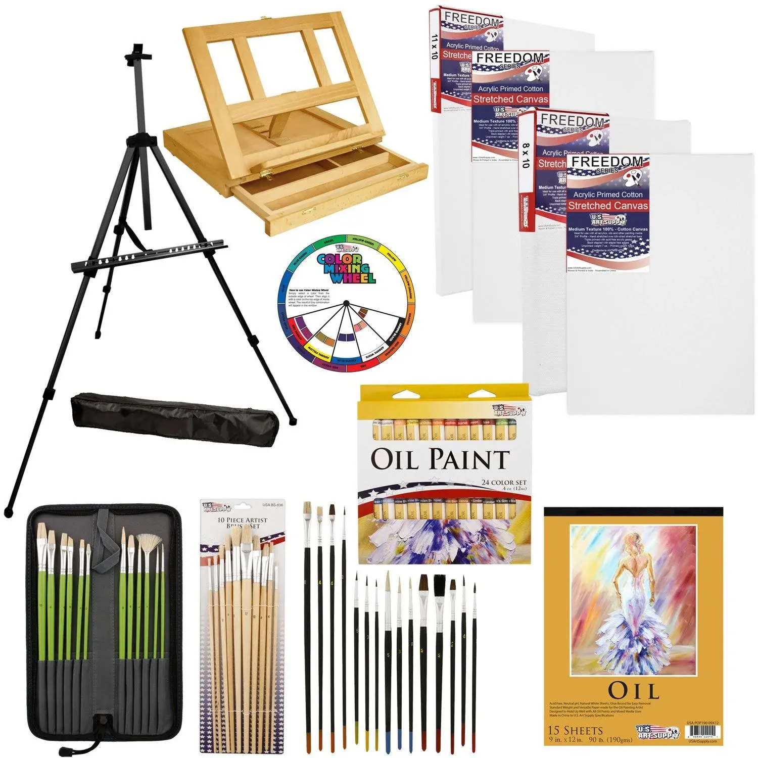 U.S. Art Supply 70-Piece Artist Oil Painting Set with Aluminum Field Easel, Wood ...