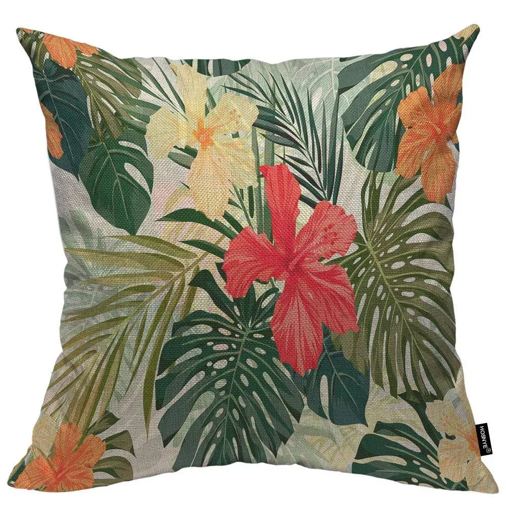 HOSNYE Hibiscus Flowers Throw Pillow Case Cushion Covers Summer Colorful Hawaiian Tropical Plants Palm Leaf Cotton Linen for Couch Bed Sofa Car Waist 18 x 18 inch