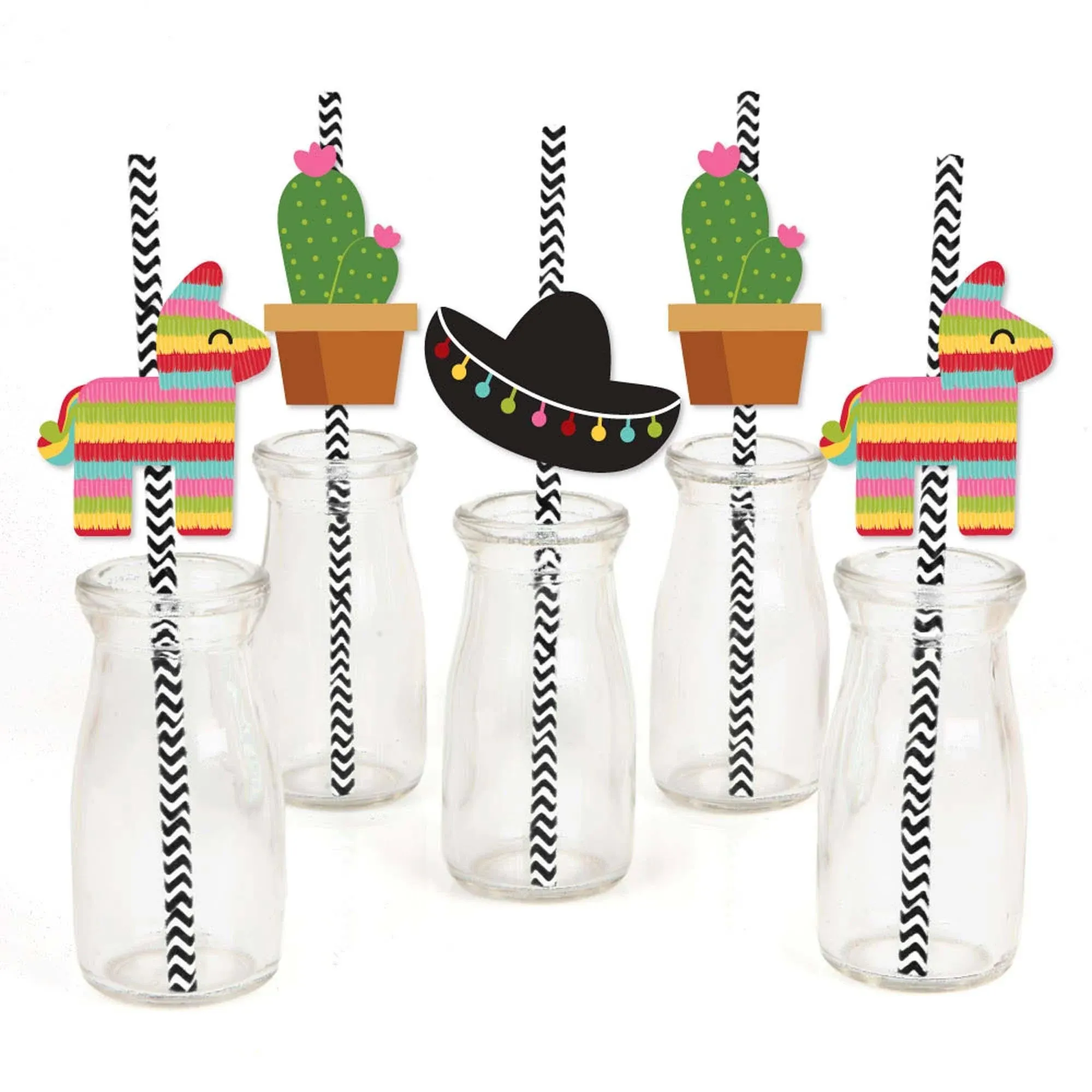 Let's Fiesta - Paper Straw Decor - Mexican Fiesta Party Striped Decorative Straws - Set of 24