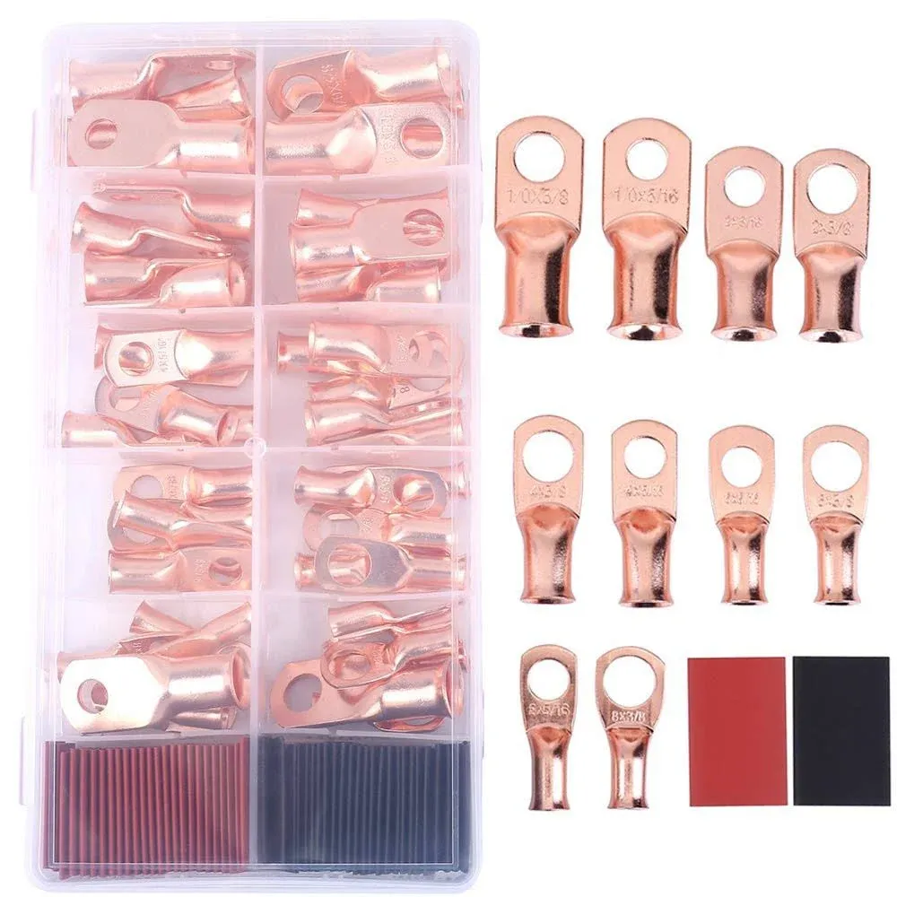 Generic 50pcs Copper Wire Battery Lugs with 2:1 Heat Shrink Tubings,1/0 2 4 6 8 ...