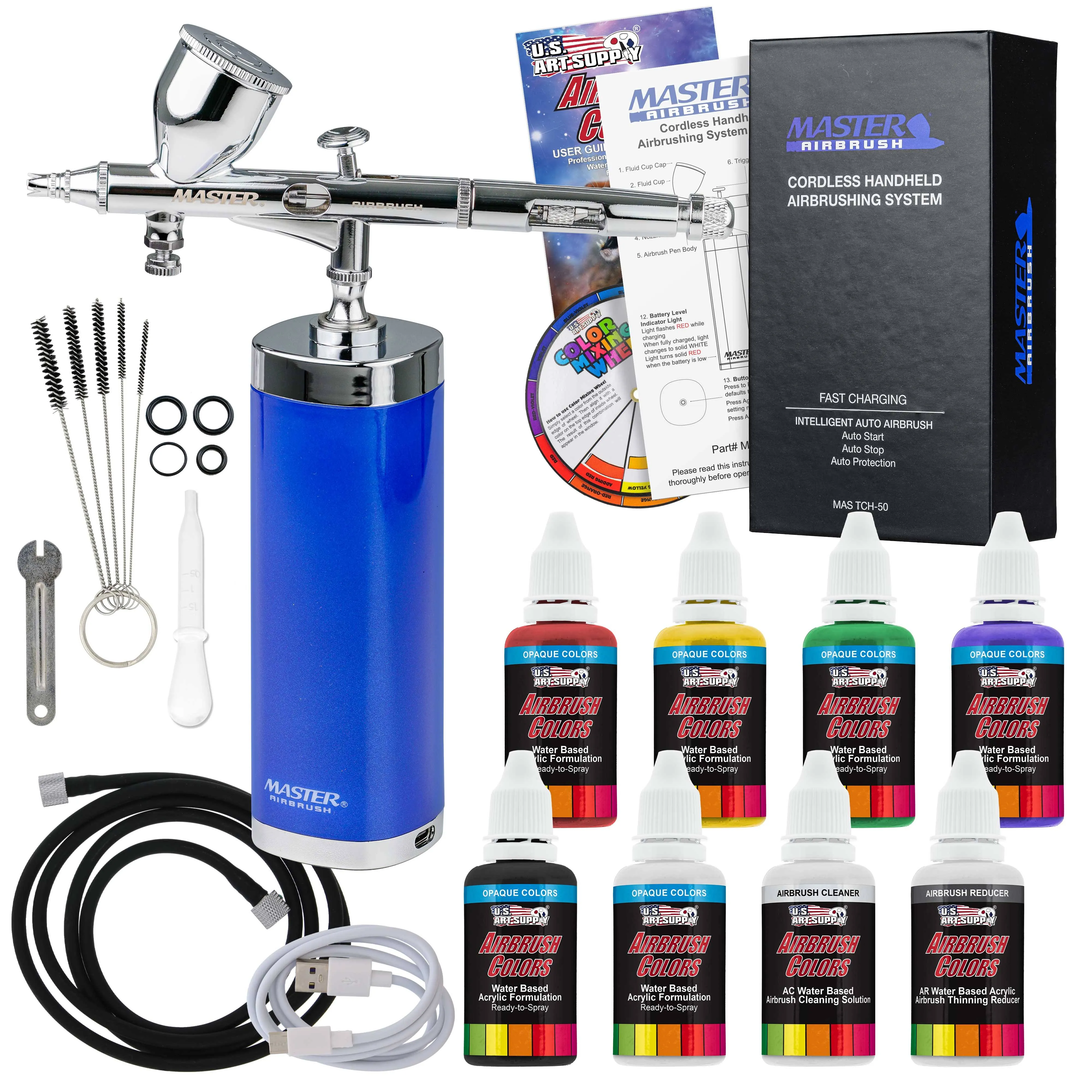 Master Airbrush Powerful Cordless Handheld Acrylic Paint Airbrushing System with 6 Primary Opaque Paint Colors, Reducer & Cleaner Kit - 20 to 36 PSI, Rechargeable Professional Artist Set, How to Guide