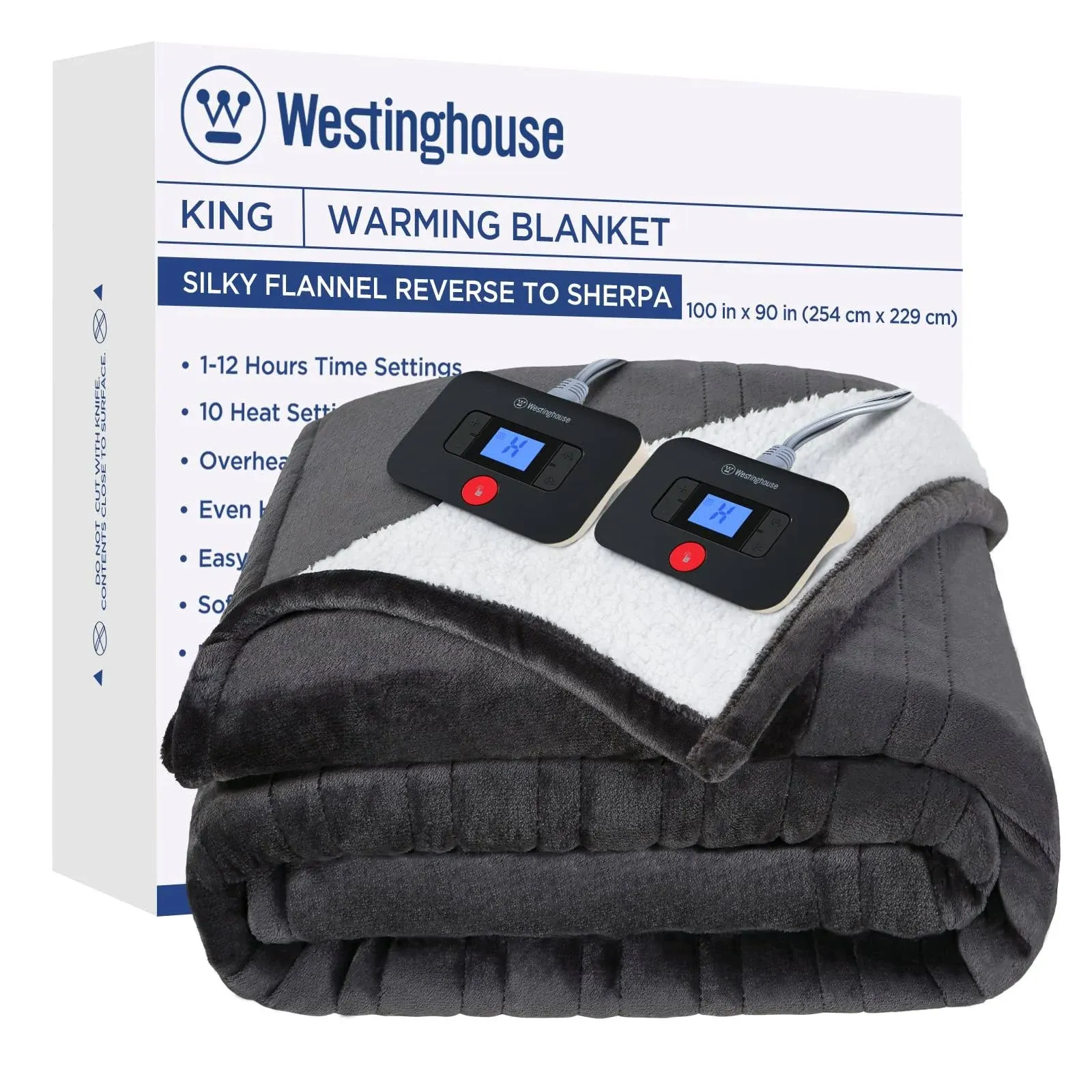 Westinghouse Electric Heated Blanket Reversible Flannel Sherpa Charcoal King