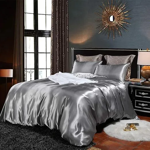 Gray Satin Bedding Luxury Silk like Satin Duvet Cover Set Silver Grey Satin Comf