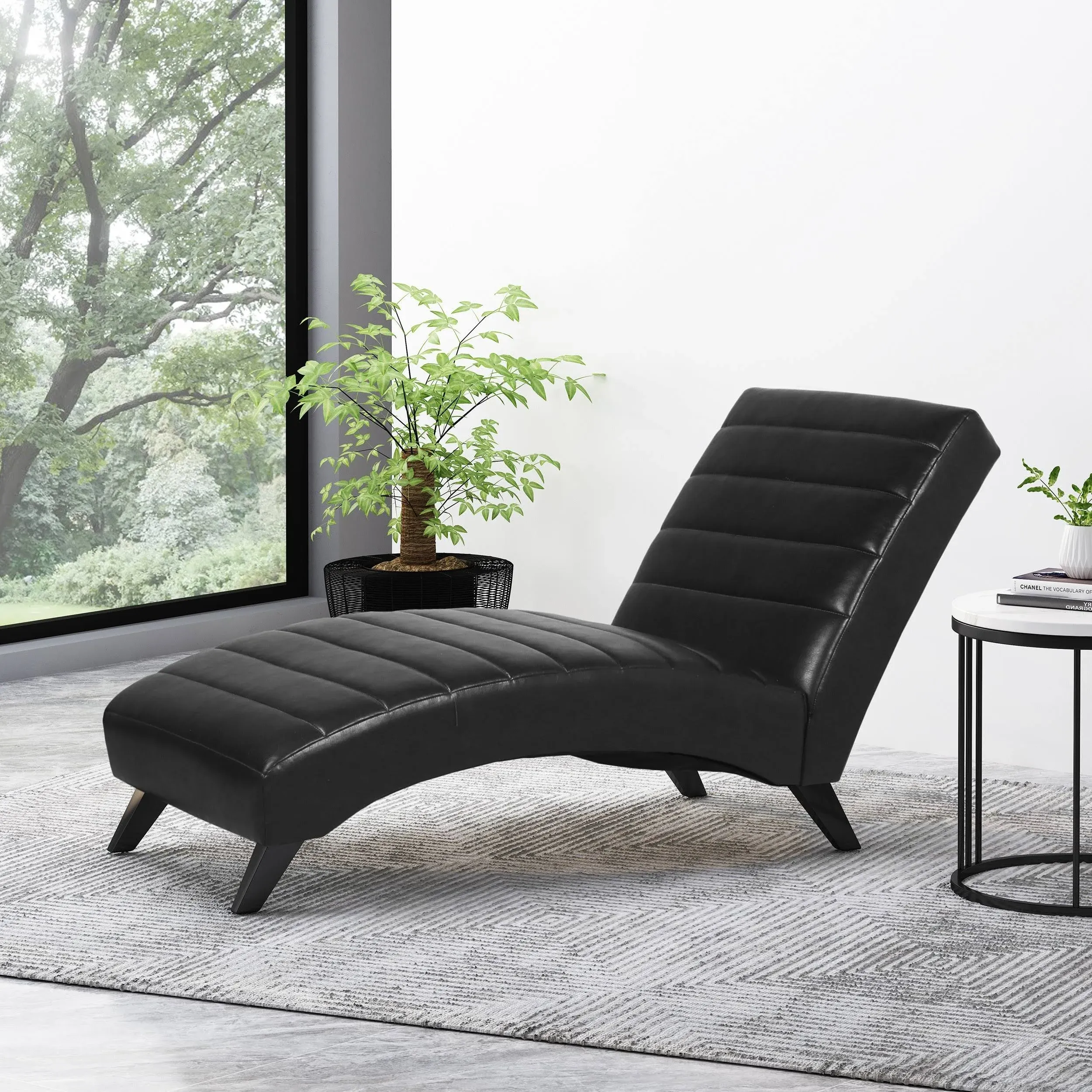 Christopher Knight Home Stillmore Chaise Lounge, Midnight Black + Dark Brown 25.75D x 60.5W x 32.25H in