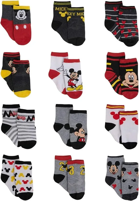 Disney Baby Boys Socks - 12 Pack Soft Newborn Baby Socks Character Prints - Cute Newborn and Infant Socks (0-24M)