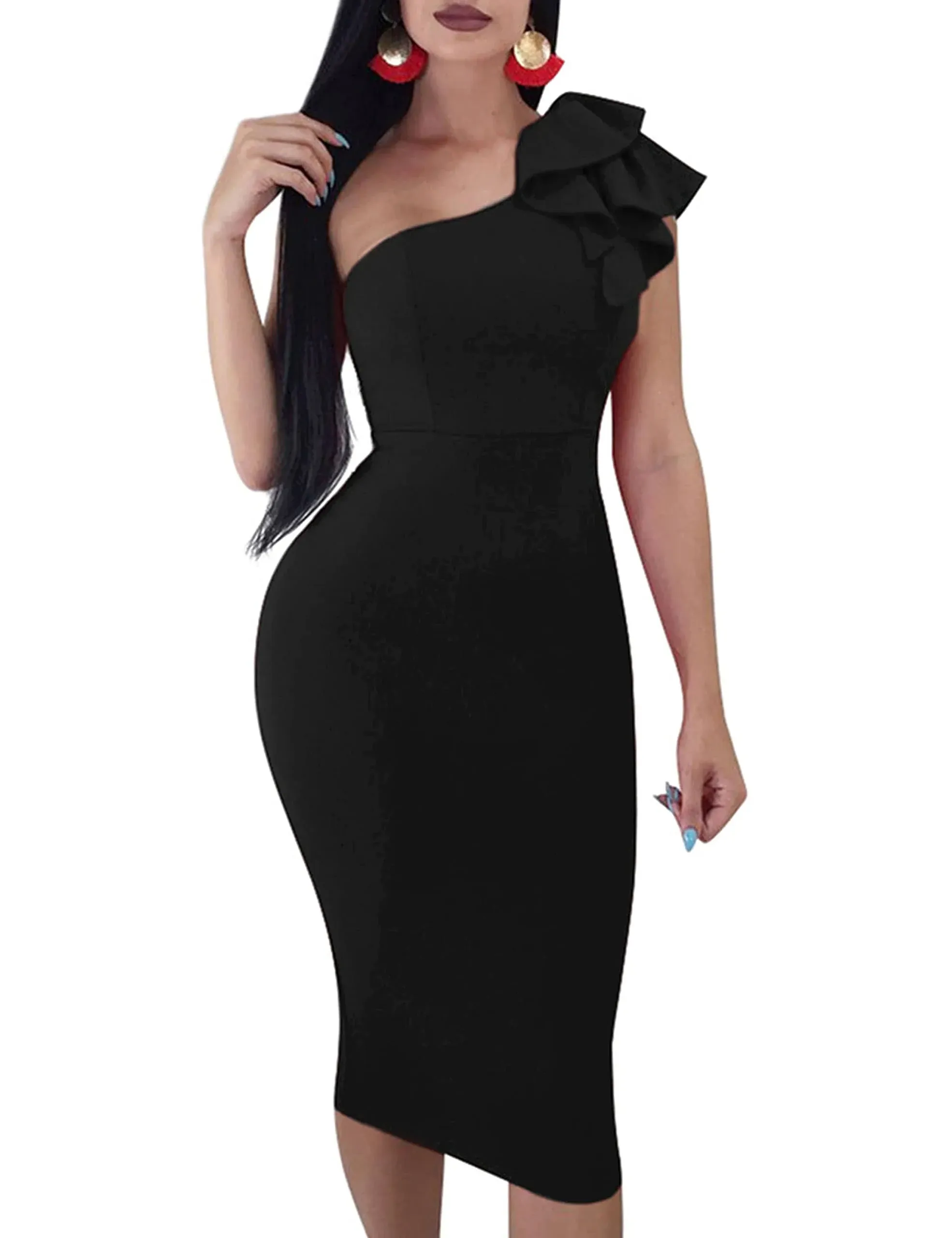 Mokoru Womens Sexy Ruffle One Shoulder Bodycon Elegant Cocktail Party Midi ...