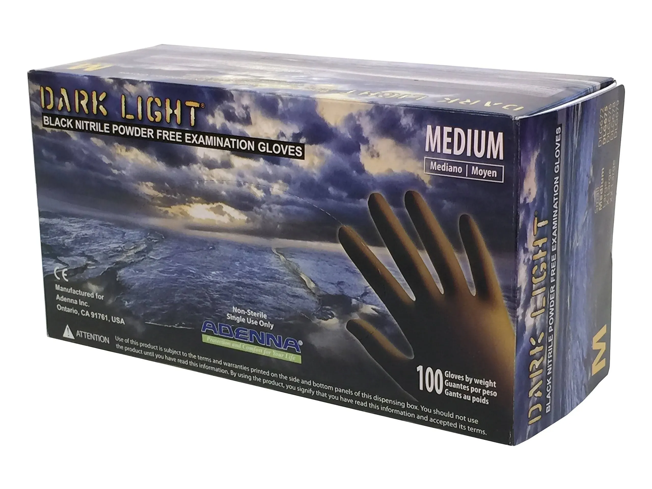 Adenna Dark Light 9 Mil Black Nitrile Powder Free Exam Gloves, Medium Box of 100