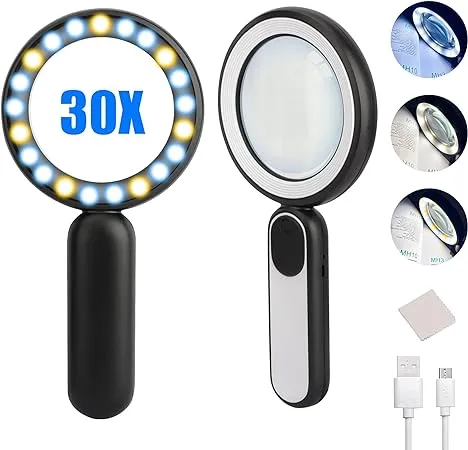 Magnifying Glass with Light, Handheld Illuminated Lighted Magnifying Glass with 21 Led, 3 Light Modes & Rechargeable USB Magnifier Seniors, Reading, Macular Degeneration, Exploring, Coins (Black)